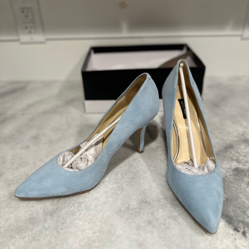 Nine West Stilettos in baby blue velvet.